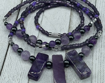 Genuine Amethyst + Hematite waist beads set (3) - Waist Bead - Healing + Grounding gift for her -  self love jewelry - Weight loss tracker