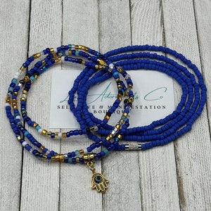 Blue & Gold Waist Beads Set - Stretch Belly Chain w/Hamsa Charm + Clasp - Handmade - gift for her - ON SALE - Luxe Adornments - Protection