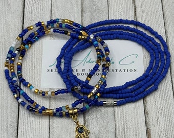 Blue & Gold Waist Beads Set - Stretch Belly Chain w/Hamsa Charm + Clasp - Handmade - gift for her - ON SALE - Luxe Adornments - Protection