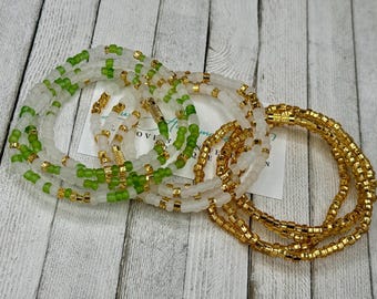 Waist Bead Set (3)- Stretch Waist Beads w/ clasp - Green | Gold | White - weight loss tracker -  waist beads - belly chain gift for her