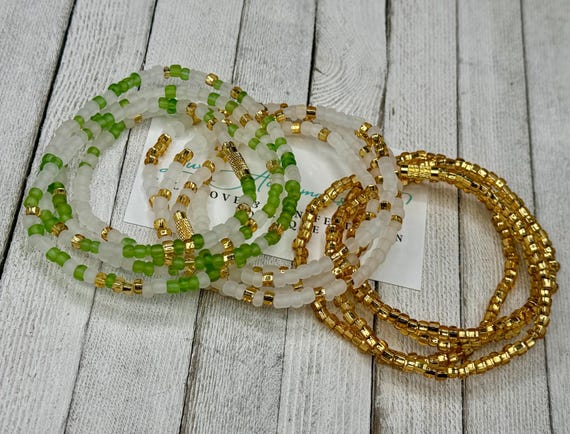 Waist Bead Set (3)- Stretch Waist Beads w/ clasp - Green | Gold | White - weight loss tracker - waist beads - belly chain gift for her
