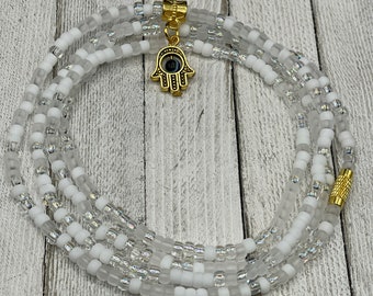 Clear + White Waist Bead w/silver or gold hamsa hand charm - belly beads - weight loss tracker - stretch w/clasp - Unique gift under 20