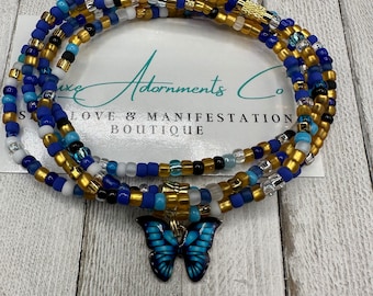 Blue & Gold Waist Beads w/Blue Butterfly Charm - waistbeads handmade to order w/clasp - gift for her ON SALE - Luxe Adornments - Indigo
