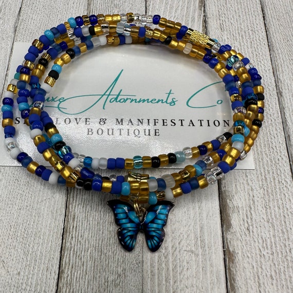 Blue Gold Waist Beads W blue Butterfly Charm Waistbeads Handmade to Order W clasp Gift for Her ON SALE Luxe Adornments Indigo Etsy