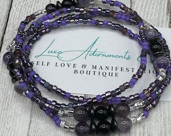 Genuine Amethyst Healing Waist Beads set w/Hematite & Black Jasper - Waist Bead - gift for her -  self love jewelry - Weight loss tracker
