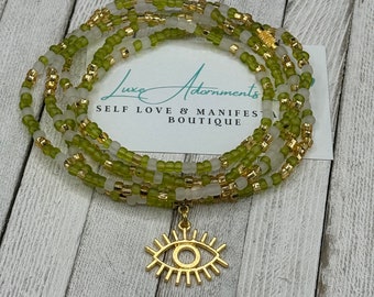 NEW! Evil Eye Waist Bead - Green + Gold Stretch Waist Beads w/Clasp - Weight loss tracker - HANDMADE to ORDER - Protection - Gift for her