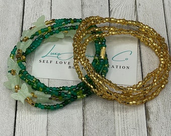 Green & Gold Waist beads set w/glowing butterflies - Money Manifestation body jewelry - butterfly beads - stretch w/clasp - belly chain gift