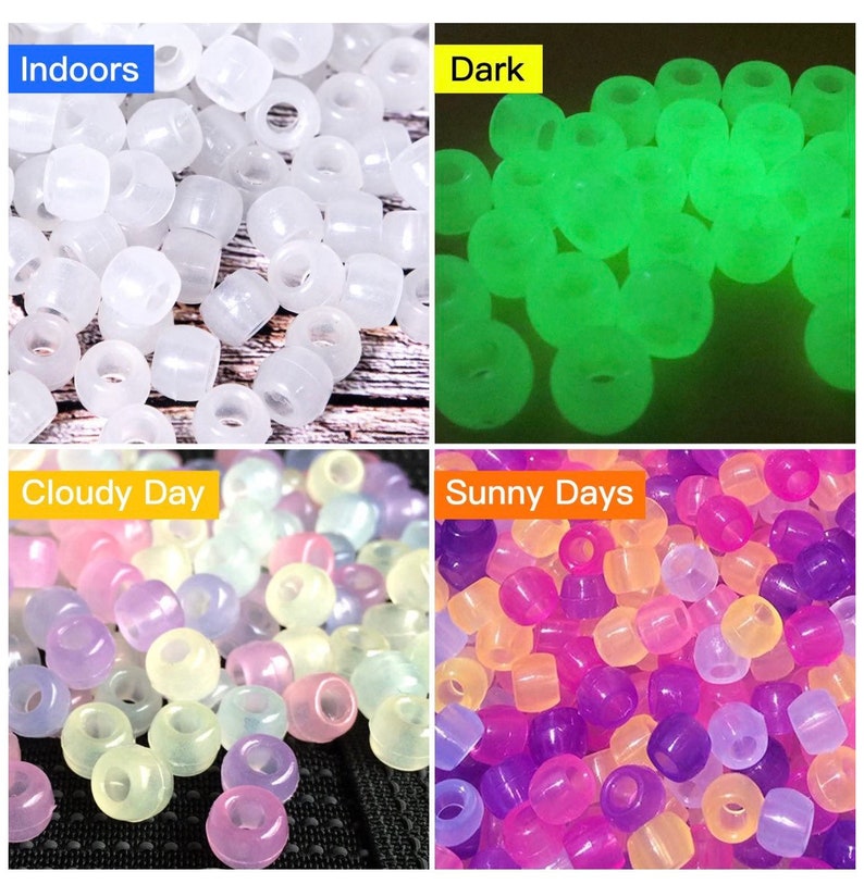 May include: Four groups of glow-in-the-dark beads in different colors. The first group is white, the second is green, the third is a mix of pastel colors, and the fourth is a mix of purple, pink, and yellow.