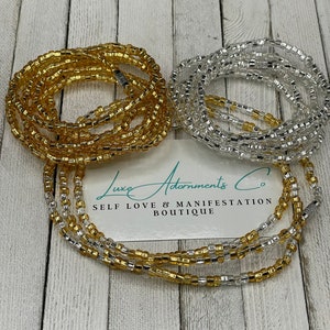 Set of 3 Waist Beads - Silver & Gold Waist Bead w/ Clasp - Stretch Waist Beads - Plus Size - Belly Chain - Weight Loss Tracker - Waist Bead