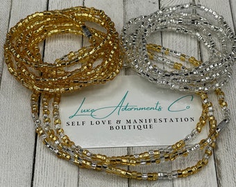 Set of 3 Waist Beads - Silver & Gold Waist Bead w/ Clasp - Stretch Waist Beads - Plus Size - Belly Chain - Weight Loss Tracker - Waist Bead