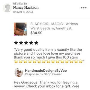 May include: A close-up of a woman wearing a waist bead jewelry set with amethyst beads. The beads are black and purple and are strung on a cord. The woman is wearing a pink tank top and black shorts. The text "BLACK GIRL MAGIC - African Waist Beads w/Amethyst, $34.99" is visible in the image.