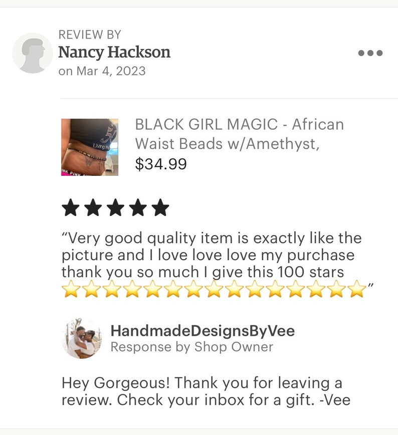 May include: A close-up of a woman wearing a waist bead jewelry set with amethyst beads. The beads are black and purple and are strung on a cord. The woman is wearing a pink tank top and black shorts. The text "BLACK GIRL MAGIC - African Waist Beads w/Amethyst, $34.99" is visible in the image.