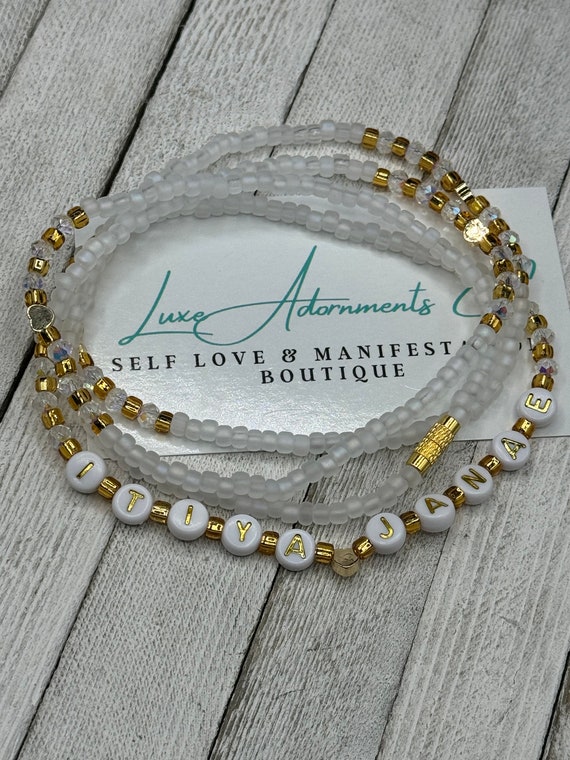 White Gold Custom Name Waist Bead Personalized Belly Chain Stretch Belly Beads W clasp Self Love Gift Weight Loss Tracker Etsy