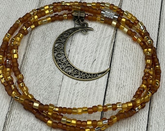 Crescent Moon Waist Beads - Gold and Bronze Waist Bead - Stretch Belly Chain w/ clasp & charm - Jewelry - Weight Loss Tracker