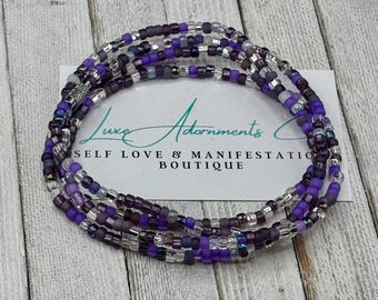 Stretch Waist Bead – Purple Silver Mix Belly Chain with Clasp – Lotus Charm Optional – Removable Waist Beads - Body Jewelry – Gift for Her