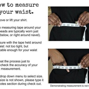 May include: Instructions on how to measure your waist for clothing. The image shows a person using a measuring tape to measure their waist. The text includes steps on how to measure your waist, including removing your shirt, wrapping the tape around your waist, and making sure the tape is not too tight. The text also includes a note about using the drop-down menu to select your size.