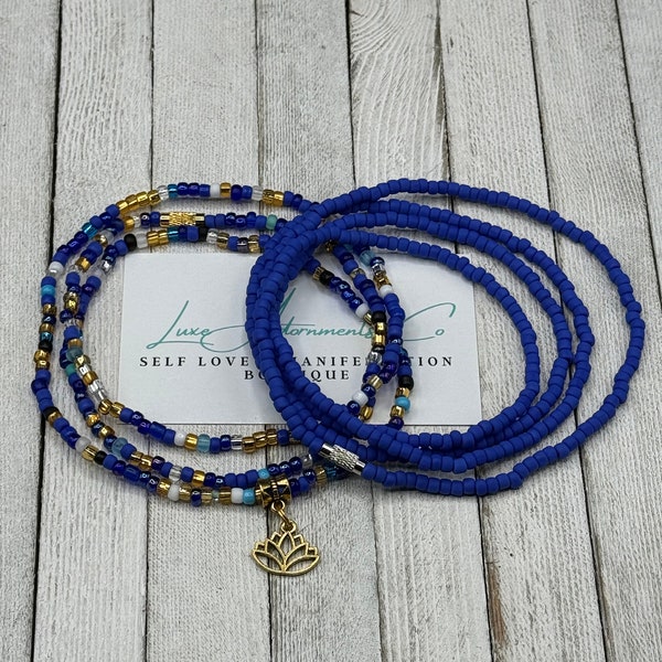 Blue + Gold handmade Waist Beads Set w/Lotus Charm - Stretch - clasp included - Afrocentric body jewelry - gift for her - Waist Bead