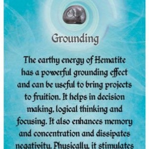 May include: A close-up of a gray hematite crystal with the text "Hematite" and "Grounding" on a blue background. The text describes the grounding properties of hematite, its ability to enhance memory and concentration, and its positive effects on the circulatory system.