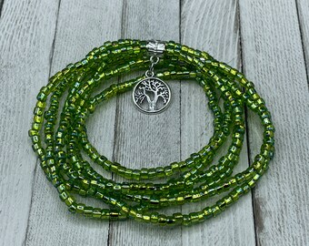 Growth + Strength Light Green Waist Bead with Tree of Life Charm - Stretch Belly Chain + Clasp - Body Jewelry - Waist Beads - Self Love Gift