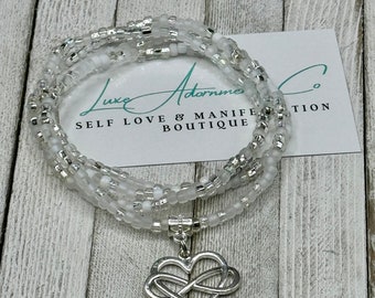 White + Silver Waist bead w/ Infinite Love Charm, belly beads, wrap bracelets, beaded anklet, gift for her, stretch, weight loss tracker