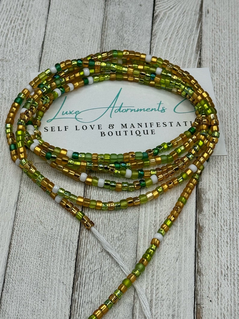 Lotus Waist Beads Green Gold & White Stretch Belly Chain HANDMADE to order w/clasp Beaded Body Jewelry gift for her Black Owned Tie-on (no charm)