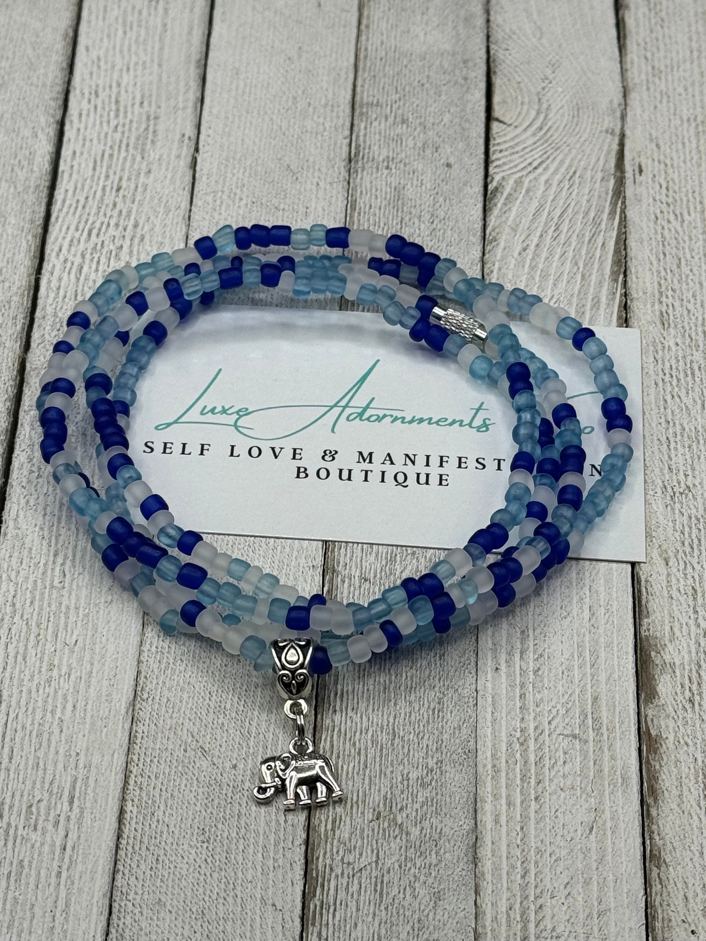 Mixed Blue Waist Beads w/small elephant charm - handmade to order on stretch cord w/clasp - weight loss tracker - gift for her under 20