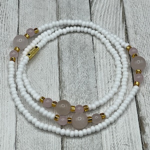 Genuine Rose Quartz Waist beads - White & Gold w/crystals - Made to order on stretch cord w/clasp - Heart Chakra Gemstones - gift for her