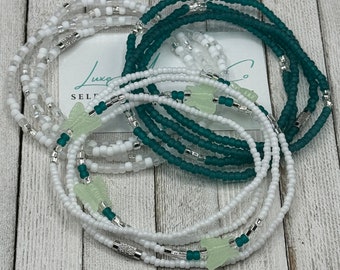 Glowing Butterfly Waist Beads Set - Teal & White Waist Chain - body jewelry - handmade to order - stretch waistbeads w/clasp - on sale