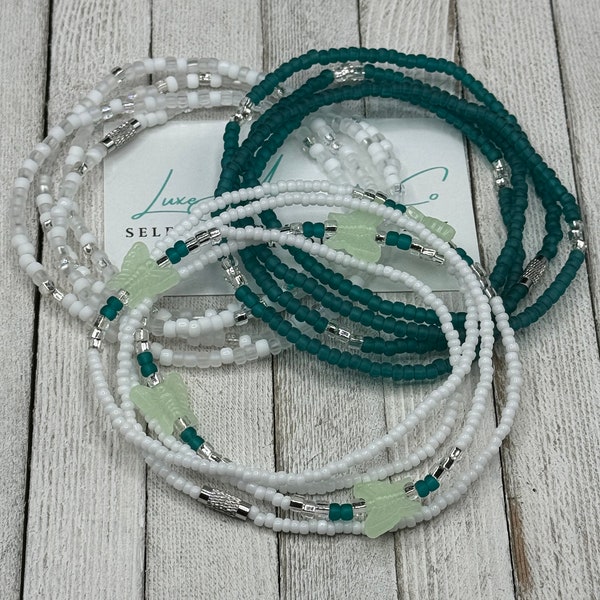 Glowing Butterfly Waist Beads Set - Teal & White Waist Chain - body jewelry - handmade to order - stretch waistbeads w/clasp - on sale