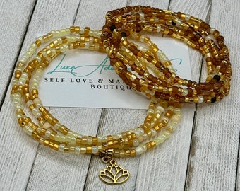 Earth tones Waist Bead Set w/Lotus Charm & clasp - stretch weight loss tracker - handmade African waist beads - belly chain gift for her