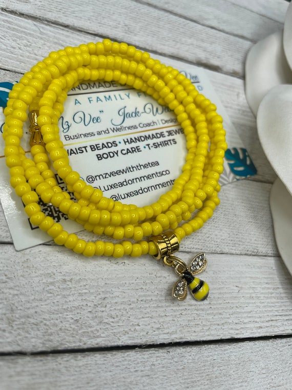 Yellow Waist Bead W bee or Butterfly Charm Stretch Waist Beads W
