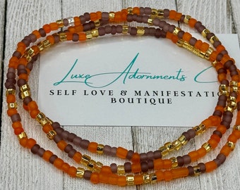 Orange + Gold Mix Stretch Waist Beads w/ Charm & Clasp - BUY 3 GET 1 FREE - Belly Chain - weight loss tracker - belly beads  - lotus - heart