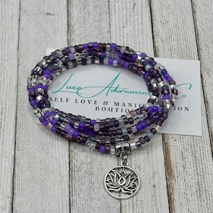 Purple Silver Mix Waist Bead – Stretch Belly Chain with Clasp – Lotus Charm Optional – Removable Waist Beads - Body Jewelry – Gift for Her