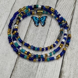 Indigo & Gold Waist Beads w/Blue Butterfly or Hamsa Charm - Stretch - Clasp - Handmade - gift for her ON SALE - Luxe Adornments - seed beads