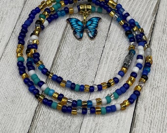 Indigo & Gold Waist Beads w/Blue Butterfly or Hamsa Charm - Stretch - Clasp - Handmade - gift for her ON SALE - Luxe Adornments - seed beads