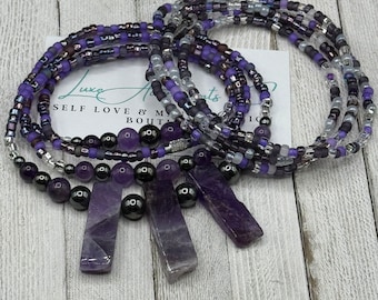Genuine Amethyst Healing African waist beads set w/Hematite - Perfect gift for her -  self love jewelry - Weight loss tracker on sale