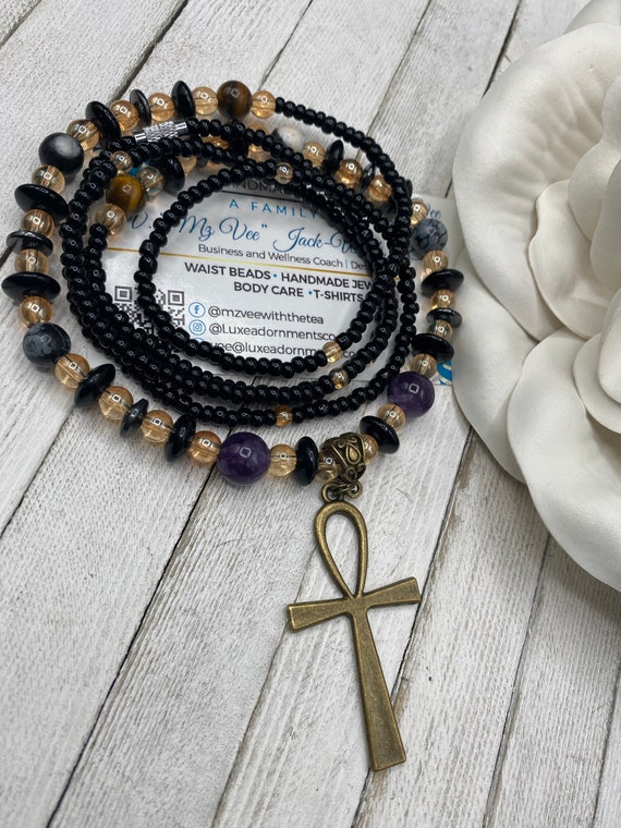 BLACK GIRL MAGIC Traditional African Waist Beads W large Ankh Charm Jasper Amethyst Tiger Eye Hematite Afrocentric Body Jewelry Gift Etsy
