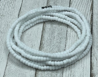 Matte White Waist Beads + Optional Lotus Charm - handmade stretch body jewelry w/clasp - Weight Loss Tracker - gift for her - Self Love