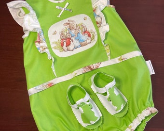 Baby girl Peter Rabbit, Beatrix Potter romper and matching soft sandals, 12-18 months, Easter outfit, ready to ship.