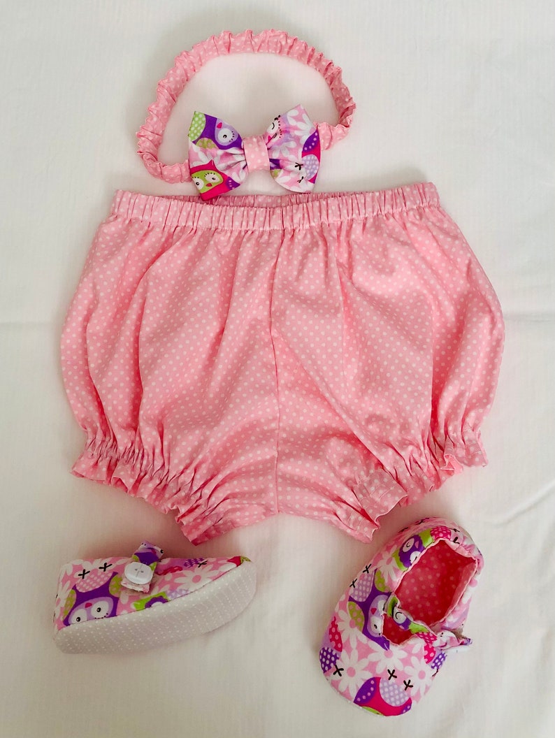 Pink baby summer dress, bloomers, headband, matching soft shoes, owl print frock, baby shower gift, designer baby wear image 7