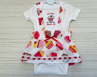 Baby, cupcake skirt and romper, 3 sizes available.