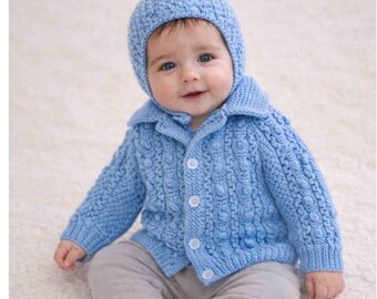 Baby boy, 6-12 months, handknitted, blue merino wool, cardigan and helmet.