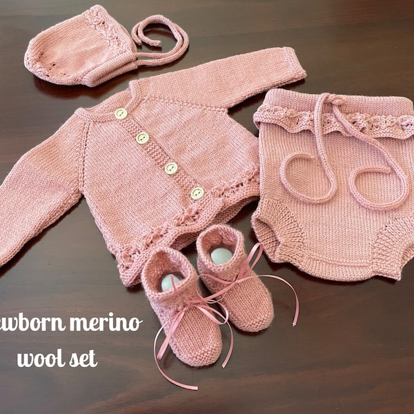 Newborn girl merino wool set, cardigan, bonnet, bootees, bummies, dusty rose pink, blush.