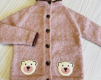 Teddy bear, woollen, hand knit, beige / soft brown, baby cardigan in alpaca, 0-3 months.