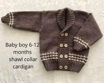 Baby boy brown /cream / hand knitted / fine merino wool / cardigan with shawl collar and matching hat.
