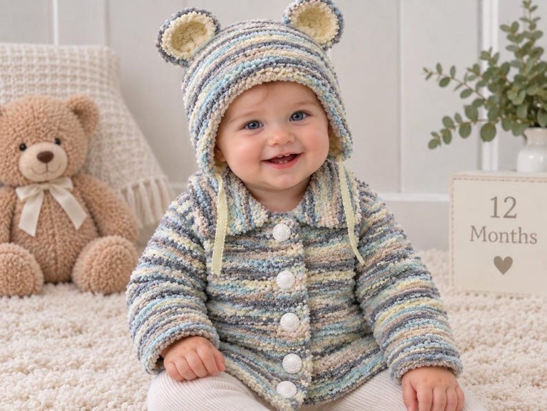 May include: A hand-crocheted baby cardigan and matching bonnet with bear ears, crafted from variegated yarn in shades of blue, cream, and grey. The cardigan features a collared neckline, long sleeves, and five white buttons down the front center.