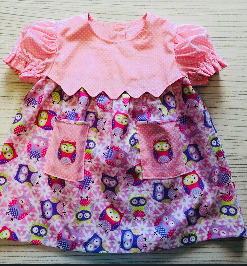 Pink baby summer dress, bloomers, headband, matching soft shoes, owl print frock, baby shower gift, designer baby wear image 3