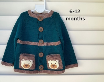 Teddy bear baby boy hand knit cardigan.