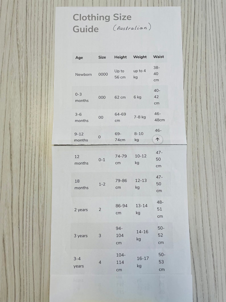 May include: A white paper chart titled Clothing Size Guide (Australian) displaying columns for age, size, height in cm, weight in kg, and waist in cm for children from newborn to 3-4 years old, with rows detailing specific measurements for each age group.