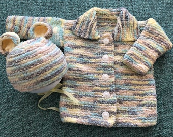 12 month handknitted jacket baby boy, girl multicoloured, unisex infant wear, bunny ears baby hat, buttoned coat